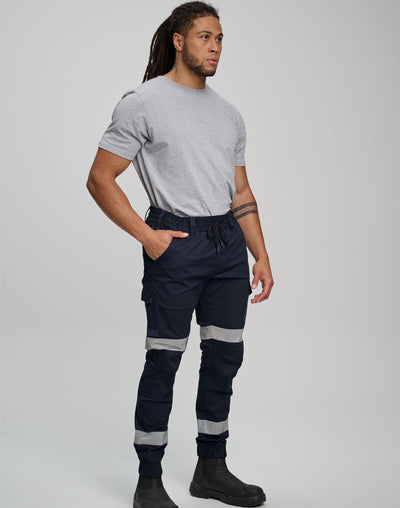 PLANETT WP28HV taped cotton stretch drill cuffed work pants, navy with gray stripes