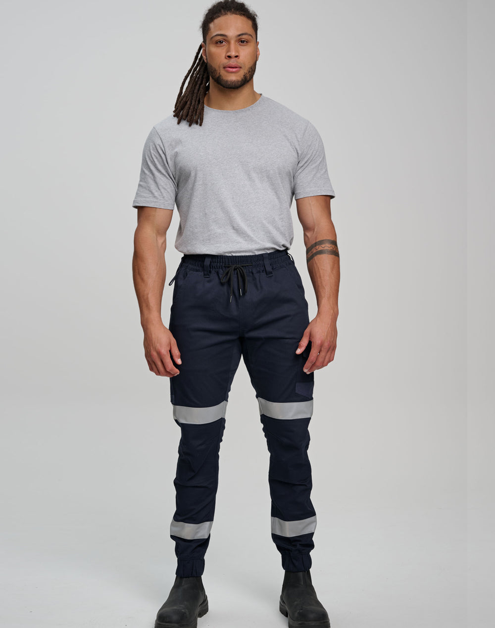 PLANETT WP28HV cotton stretch drill cuffed work pants with reflective gray stripes