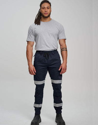 PLANETT WP28HV cotton stretch drill cuffed work pants with reflective gray stripes