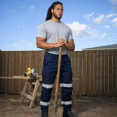 Man holds PLANETT WP28HV cotton stretch drill cuffed work pants with sturdy shovel
