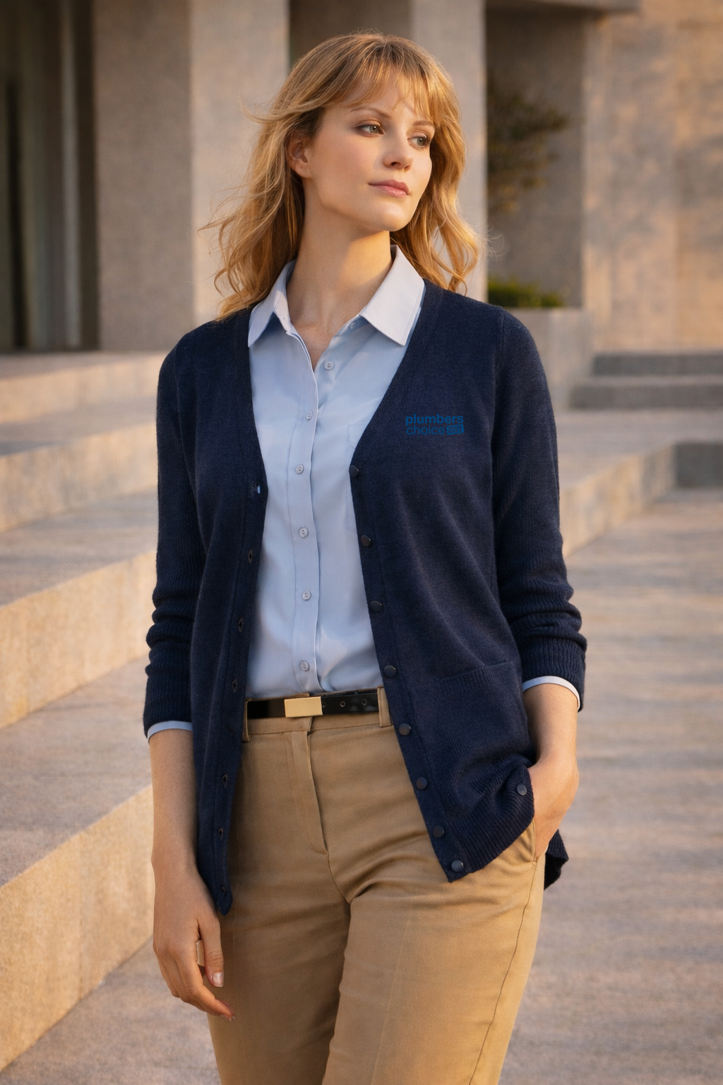 Navy blue wool knit Plumbers Choice ladies cardigan uniform with buttons
