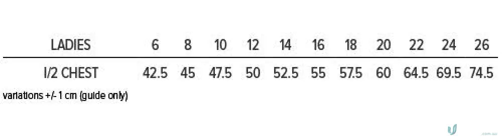 Ladies clothing size chart for Plumbers Choice EMG Endeavour Lady Polo and lady polo wear
