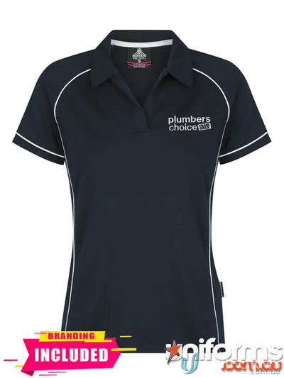 Navy lady polo shirt with white trim from Plumbers Choice EMB Endeavour Lady Polo