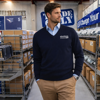 Navy blue v-neck wool garment with Plumbers Choice embroidery on chest