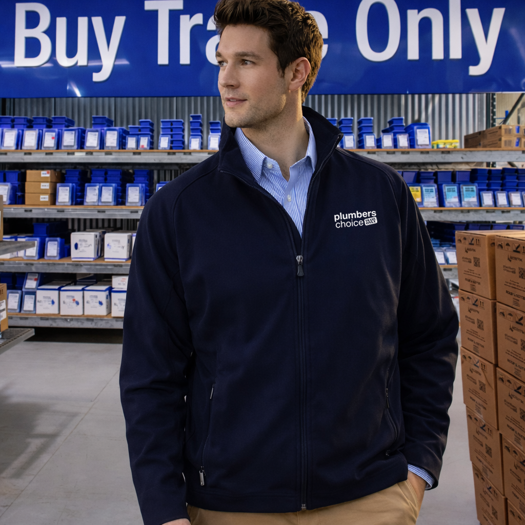 Navy blue Plumbers Choice mens softshell jacket with embroidered logo