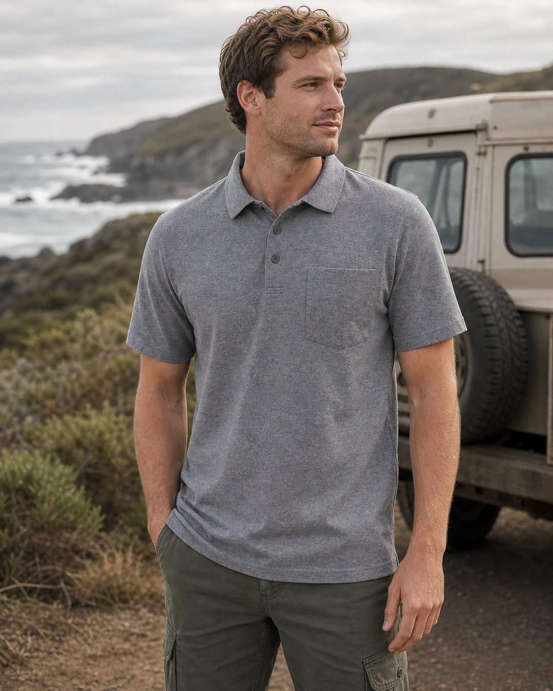 Male model wearing grey marle Pocket 210 Polo