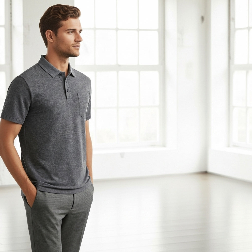 Pocket 210 Polo man in dark gray pocket polo with open cuffs