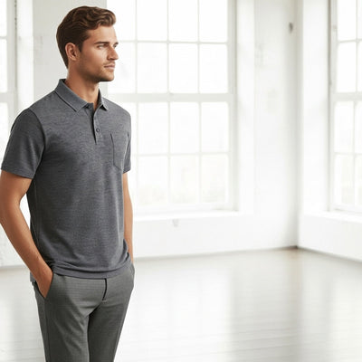Pocket 210 Polo man in dark gray pocket polo with open cuffs