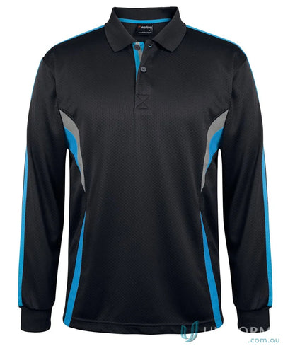 Jb’s Podium Cool long sleeve polo in black with blue gray stripes