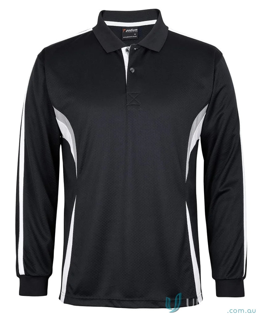 Jb’s Podium Cool long sleeve polo in black with white silver stripes