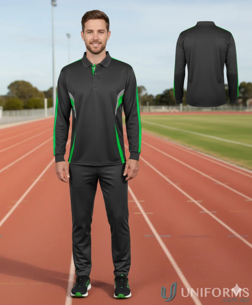 Jb’s Podium Cool long sleeve polo in black with green gray accents