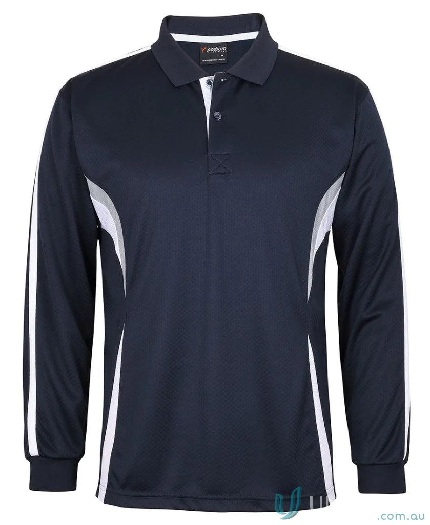 Jb’s Podium Cool long sleeve polo in navy blue with white mesh panels