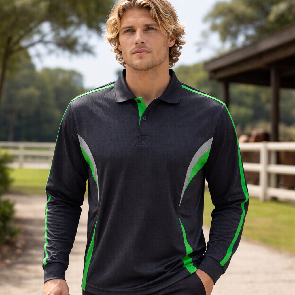 Jb’s Podium Cool LS Polo: black cool long sleeve with green silver stripes