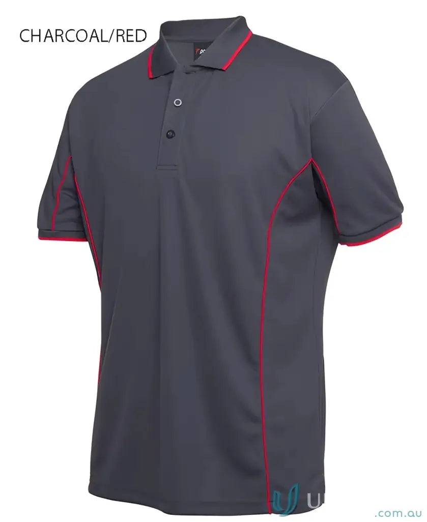 Charcoal and red JB’s Podium piping short sleeve polo shirt made with podium cooling fabric