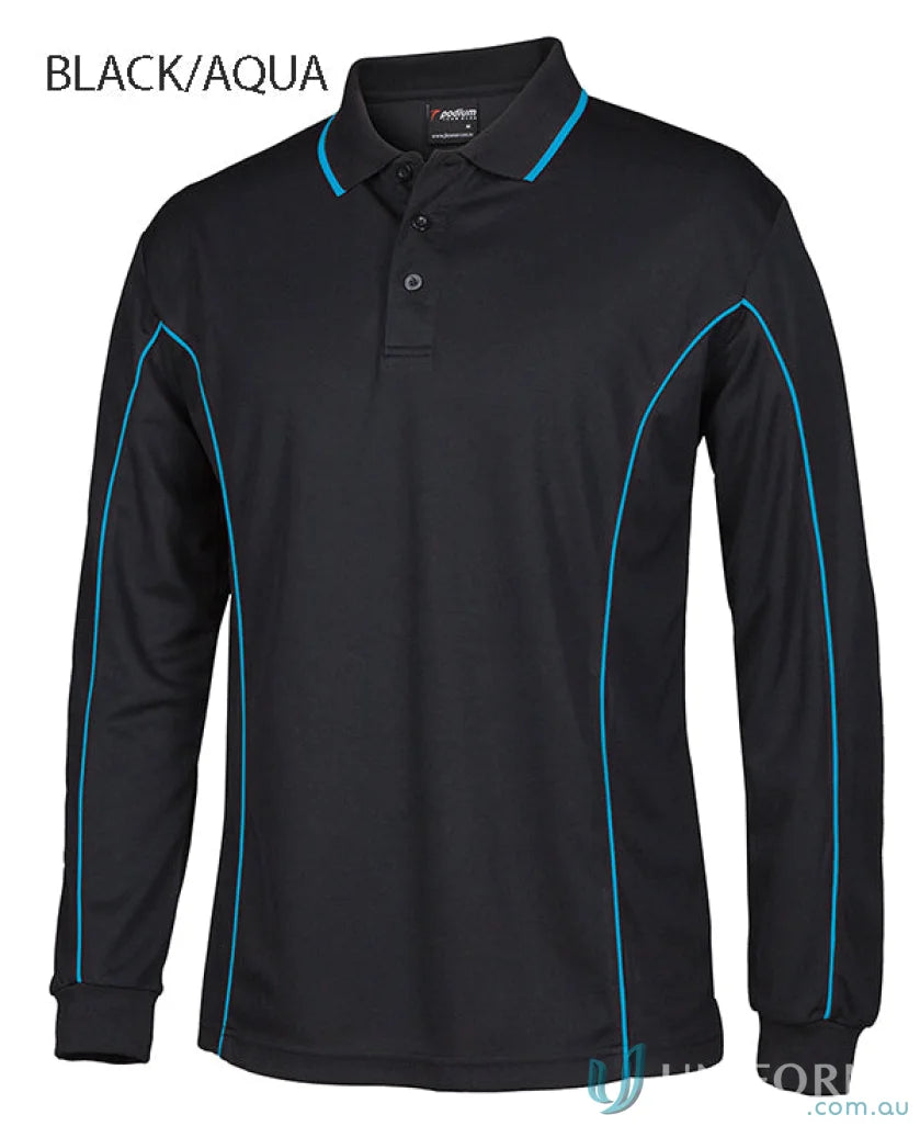 Mens long sleeve polo with aqua blue podium piping and built-in UV protection