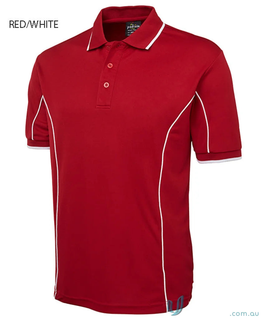 Red and white JBs Podium Piping Polo made with podium cooling fabric