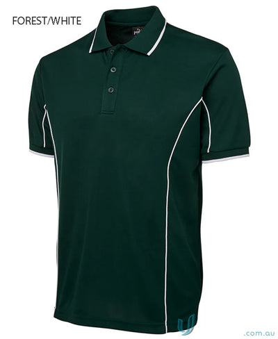 Forest green JBs Podium piping short sleeve polo with white trim in podium cooling fabric