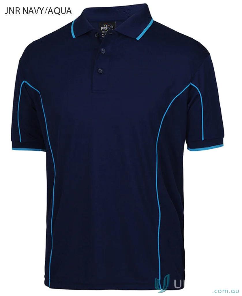 Navy and aqua JBs Podium piping short sleeve polo shirt made with podium cooling fabric
