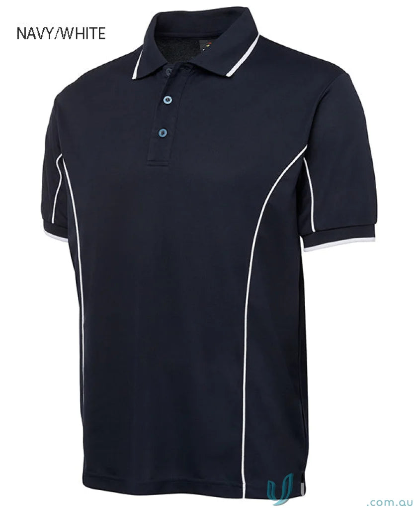 Navy polo shirt with white piping from JBs Podium Piping Short Sleeve Polo collection