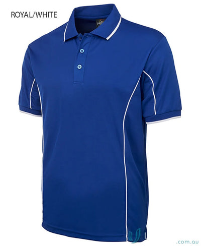 JBs Podium Piping Polo in blue with white trim, made from podium cooling fabric