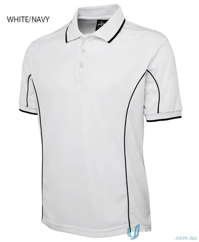 White JBs Podium Piping Polo with navy trim and podium cooling fabric short sleeve