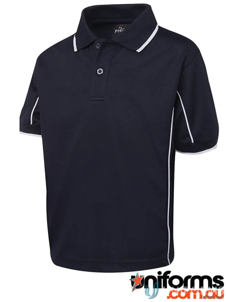 Cute navy kids podium piping polo made with JBs Kids Podium cool fabric