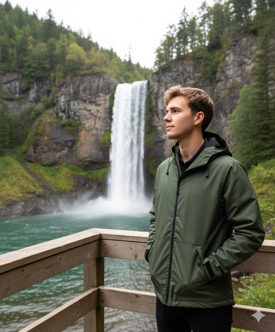 Olive green Podium Tech Jacket with black zipper trim, stay warm waterproof hooded style