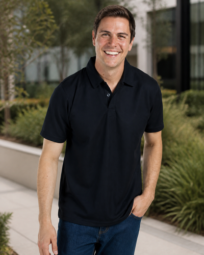 Male model wearing Podium Waffle Sport Polo