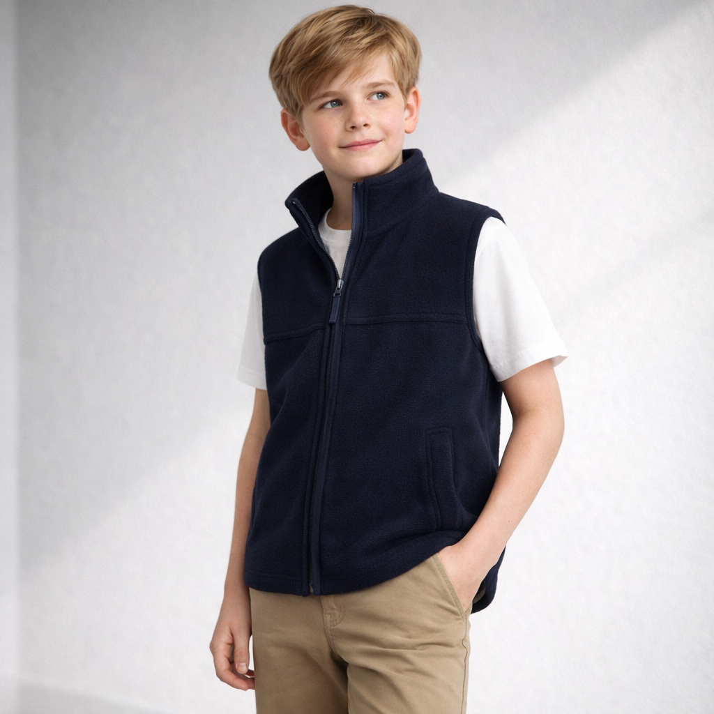 PolarTech Kids Vest: navy blue 290gsm low-pill polar fleece with zipper, pockets
