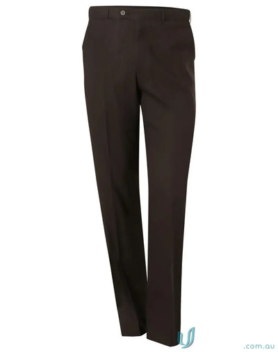 Mens dark brown pleated dress pants with flexi waist for workwear and uniforms