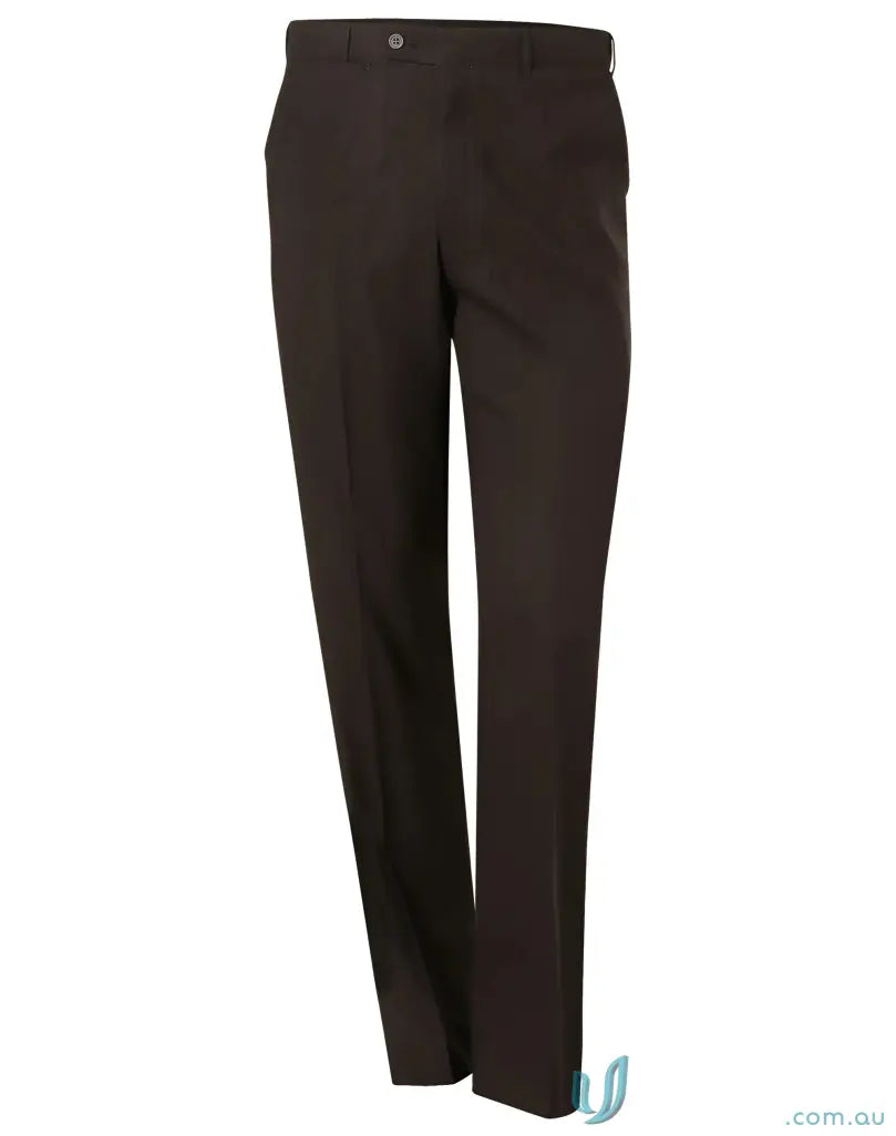 Mens dark brown pleated dress pants with flexi waist for workwear and uniforms