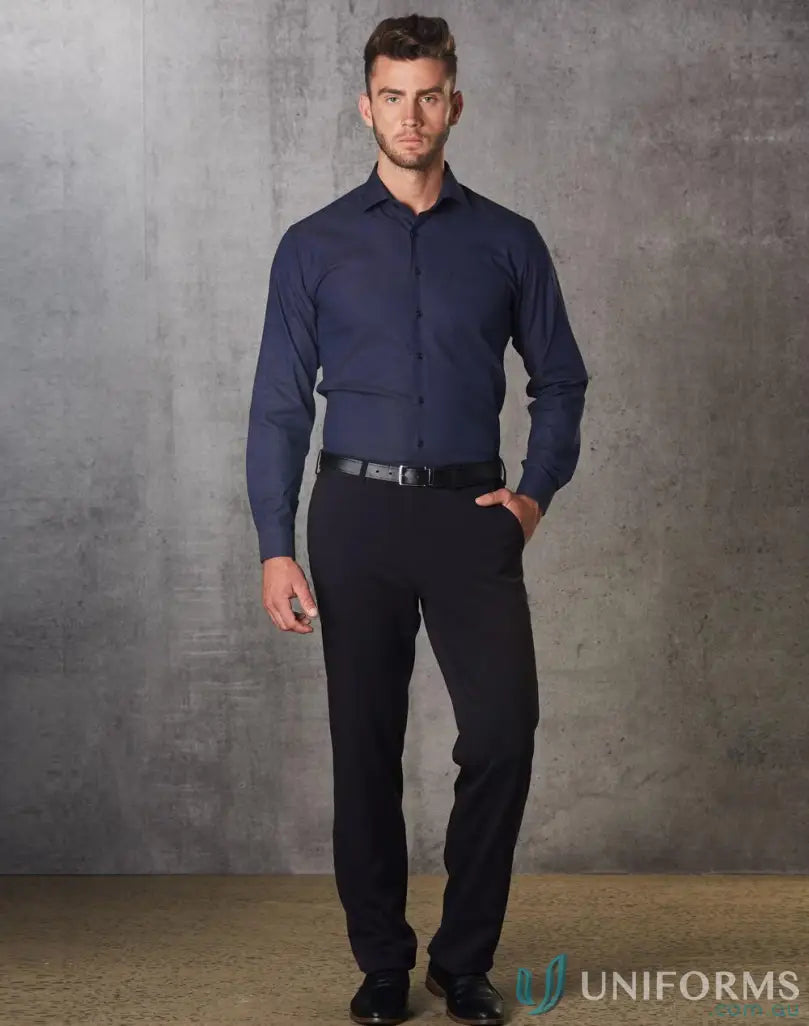 Mens navy blue long-sleeved dress shirt with black trousers featuring flexi waist workwear style