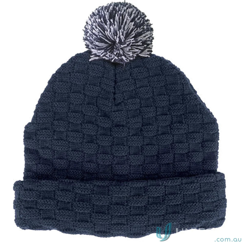 Navy blue Pom Pom Beanie with double layer knit and cute pompom on top