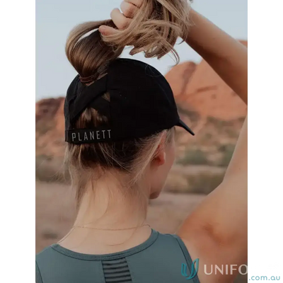 Black women’s Ponytail Active Cap with unique ponytail opening and inbuilt cotton sweatband