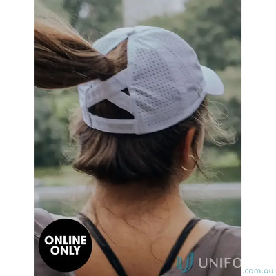 White mesh Ponytail Active Cap with unique ponytail opening and inbuilt cotton sweatband