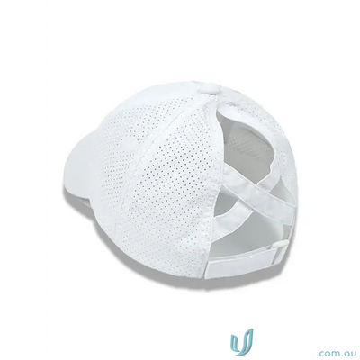 White perforated Ponytail Active Cap with unique ponytail opening and inbuilt cotton sweatband