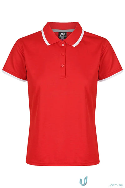 Portsea Lady Polos cotton red short-sleeved polo with white collar and trim splits