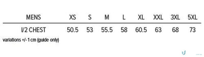 Mens clothing size chart for Premier Polo workwear and uniforms with fabric details