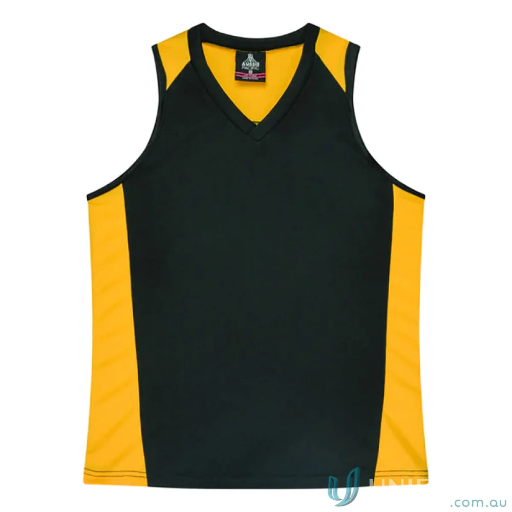 Black and gold sleeveless sports jersey with fabric neck bind for the Premier Singlet