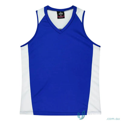 Blue and white athletic tank top with fabric neck bind for the Premier Singlet