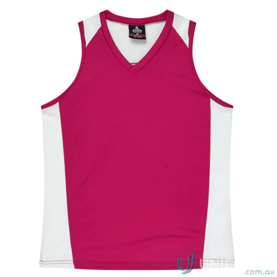 Magenta and white Premier Singlet with fabric neck bind V-neck tank top