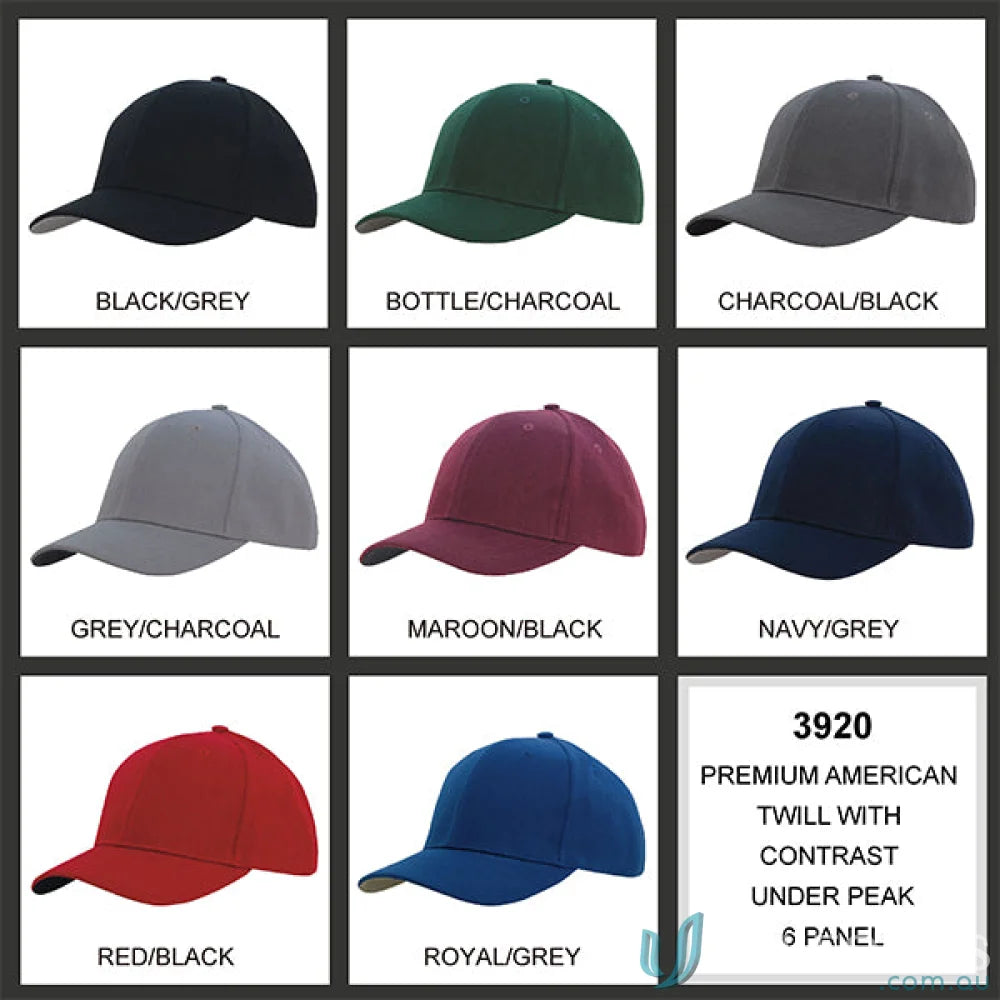 Baseball cap color swatches in premium American twill with fabric-covered touch strap and pre-curved peak