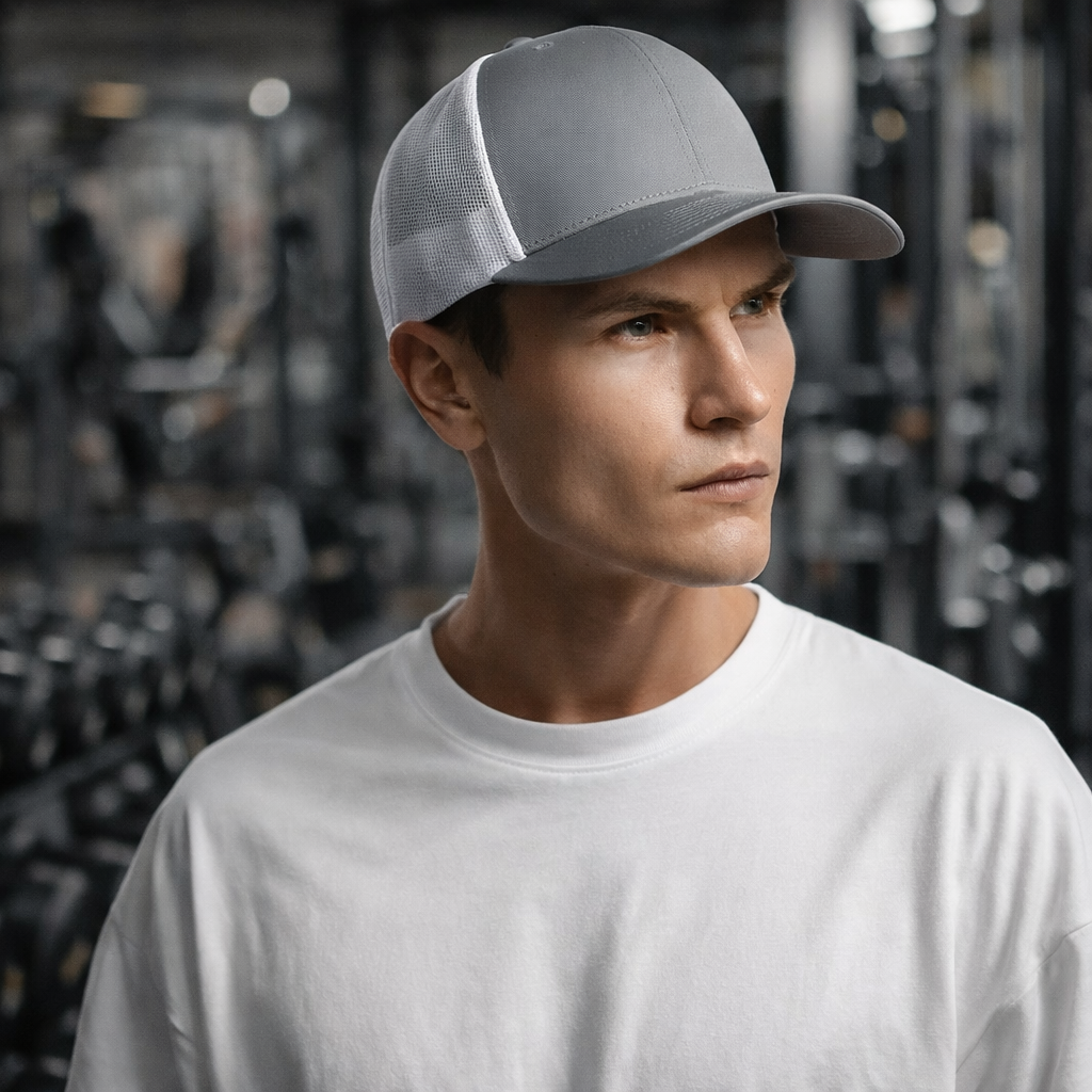 Gray contrast trucker cap with recycled polyester mesh back