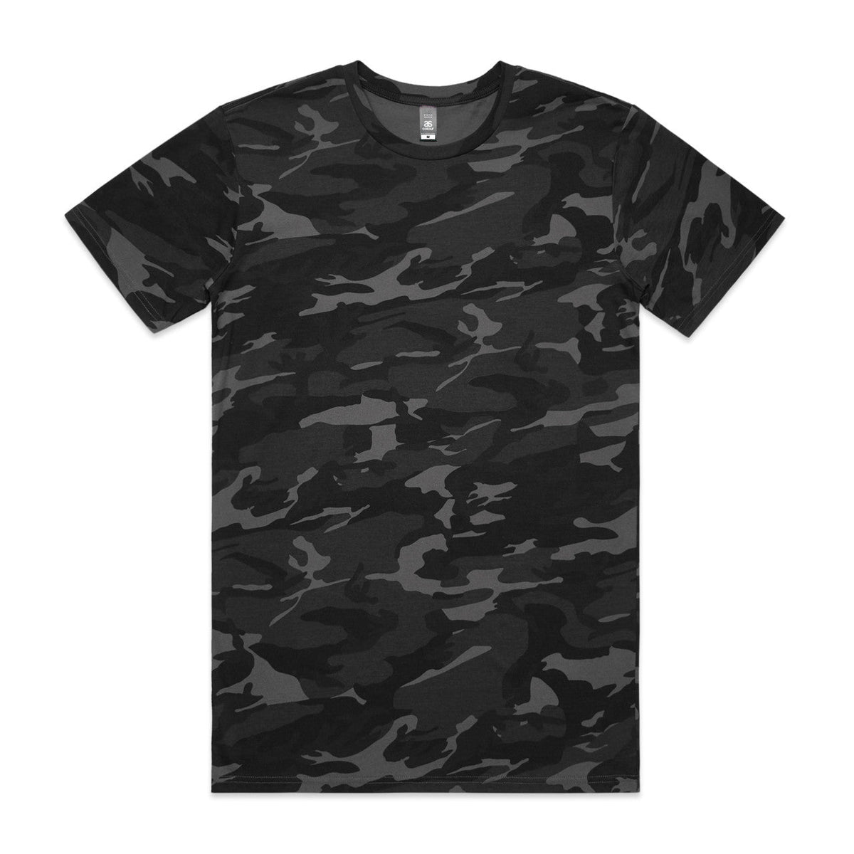 Black camouflage t-shirt with short sleeves and crew neck.