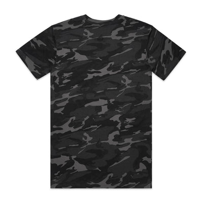 Black camouflage t-shirt with short sleeves and a crew neck.