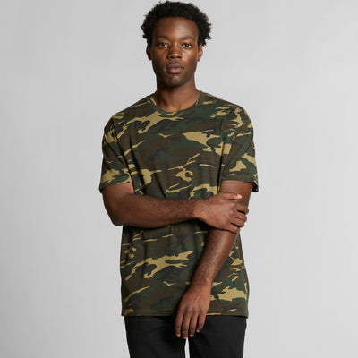 Camouflage t-shirt with a relaxed fit and short sleeves, featuring an olive green base color mixed with yellow-green accents.