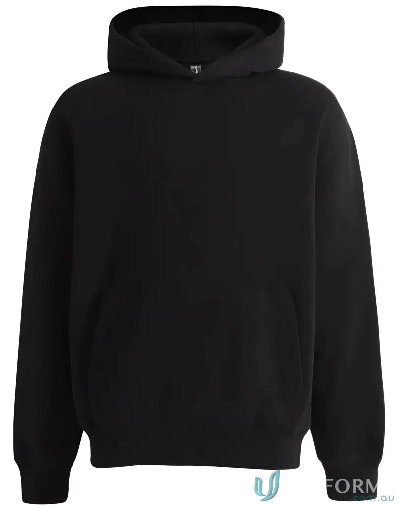 Black hooded fleece hoodie made with recycled polyester premium fleece, oversized style