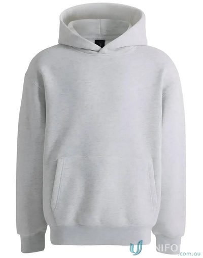 Gray oversized fleece hoodie made from recycled polyester premium fleece and CVC fabric