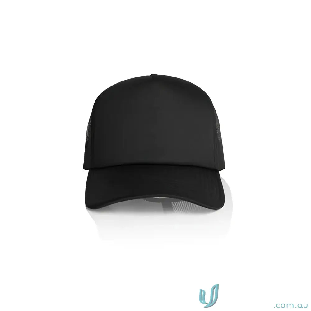 Black trucker hat with recycled polyester mesh back and curved brim for style and comfort