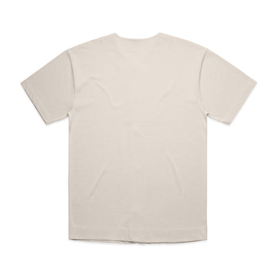 Cream-colored crew neck t-shirt with short sleeves and a relaxed fit.